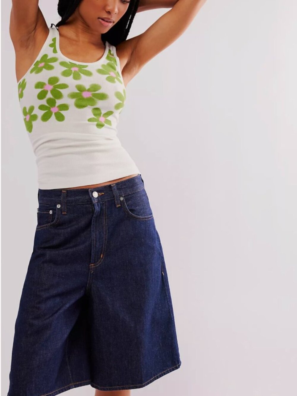Floral Ribbed Racerback Tank Top - White with Green & Pink Flowers - Picture 3 of 12